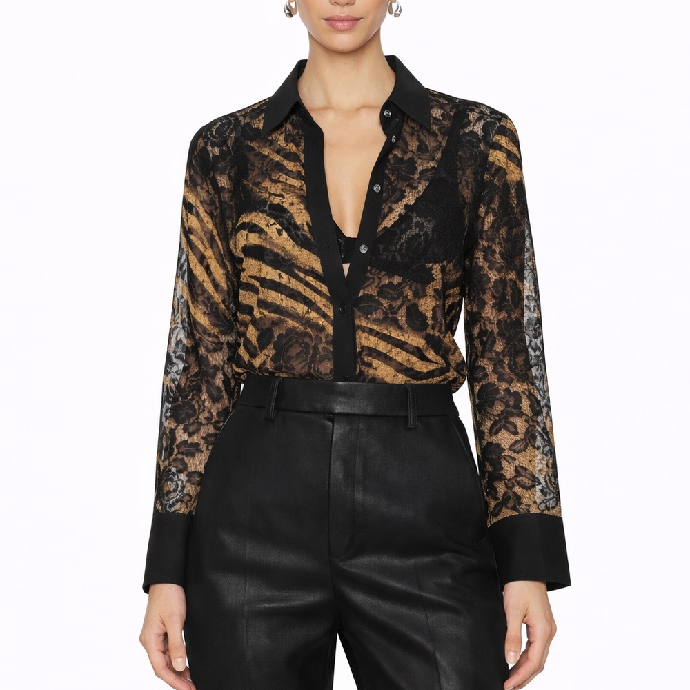 Vintage Sexy Lace Blouse Tiger Print + Floral Women’s Large Boho Animal Jungle